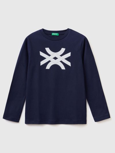 Kids' Benetton Long Sleeve Logo T Shirts Dark Blue | NZ675840