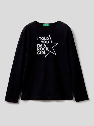 Kids' Benetton Long Sleeve Organic Cotton T Shirts Black | NZ141242