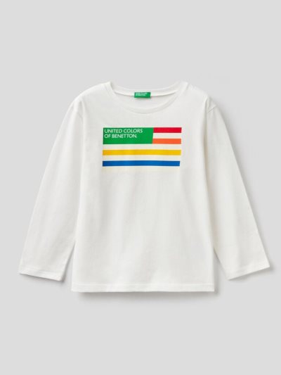 Kids' Benetton Long Sleeve Organic Cotton T Shirts Creamy White | NZ208318