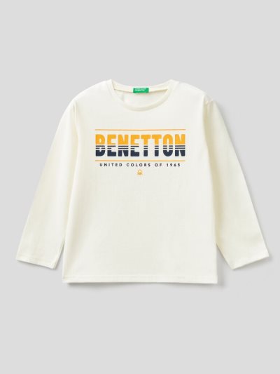Kids' Benetton Long Sleeve Organic Cotton T Shirts Creamy White | NZ215141