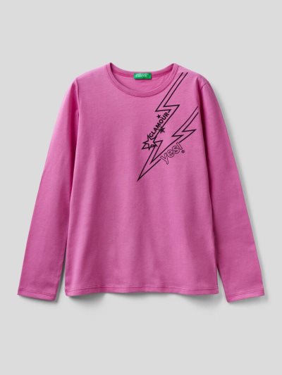 Kids' Benetton Long Sleeve Organic Cotton T Shirts Cyclamen | NZ717886