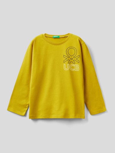 Kids' Benetton Long Sleeve Organic Cotton T Shirts Mustard | NZ725980