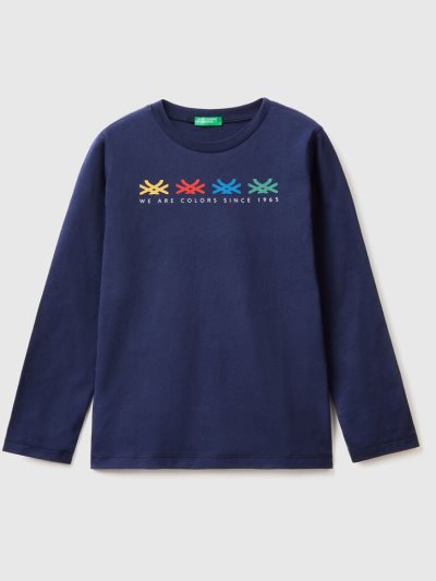 Kids' Benetton Long Sleeve Organic Cotton T Shirts Dark Blue | NZ750036