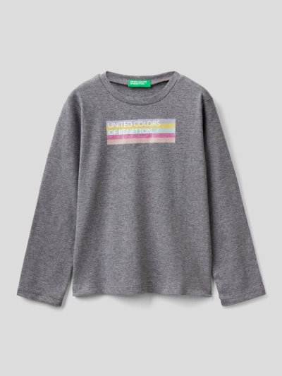Kids' Benetton Long Sleeve Organic Cotton T Shirts Dark Grey | NZ781298