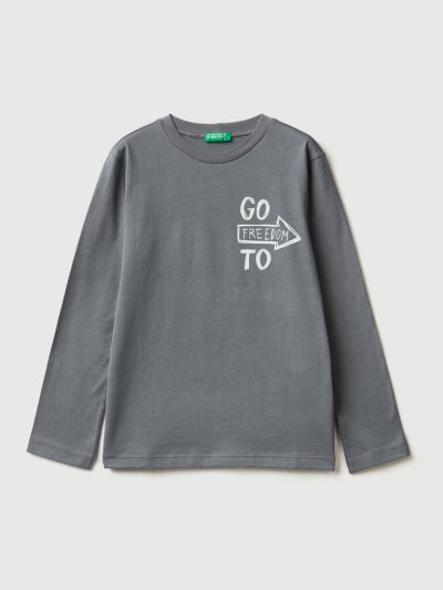 Kids' Benetton Long Sleeve Print T Shirts Dark Grey | NZ183329