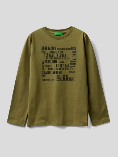 Kids' Benetton Long Sleeve Warm Cotton T Shirts Military Green | NZ159277