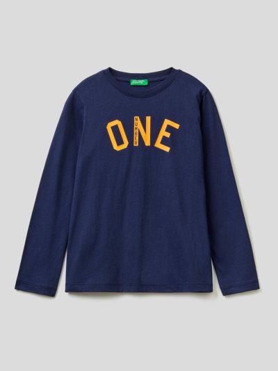 Kids' Benetton Long Sleeve Warm Cotton T Shirts Dark Blue | NZ318570