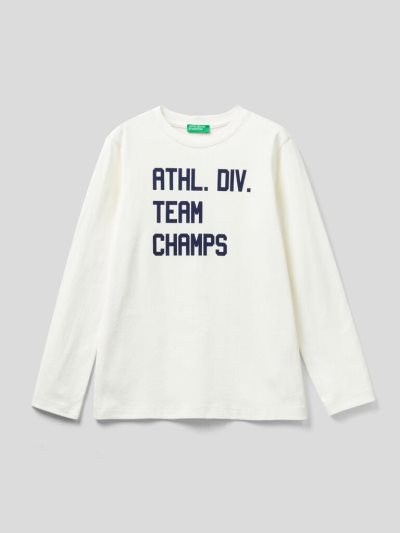 Kids' Benetton Long Sleeve Warm Cotton T Shirts Creamy White | NZ652201