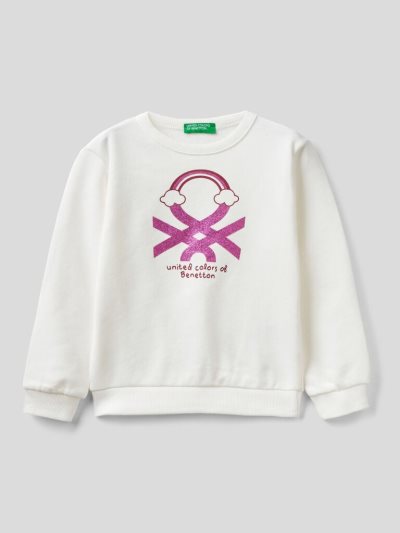 Kids' Benetton Organic Cotton Glittery Print Sweatshirt Creamy White | NZ485074