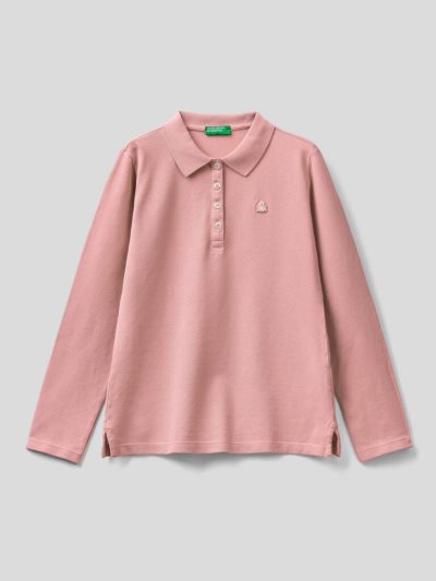 Kids' Benetton Organic Cotton Long Sleeve Polo Shirts Soft Pink | NZ424613