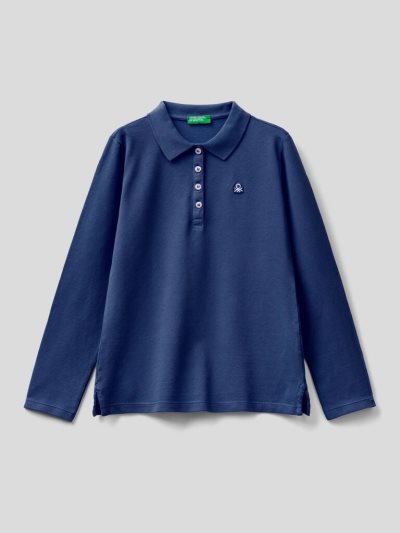 Kids' Benetton Organic Cotton Long Sleeve Polo Shirts Dark Blue | NZ610413