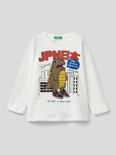 Kids' Benetton Organic Cotton Print Long Sleeve T-shirts Creamy White | NZ427420