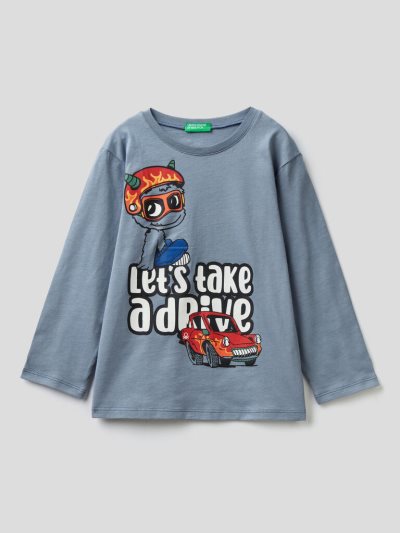 Kids' Benetton Organic Cotton Print Long Sleeve T-shirts Air Force Blue | NZ512323