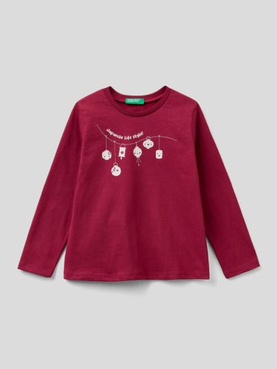 Kids' Benetton Organic Cotton Print Long Sleeve T-shirts Burgundy | NZ689171