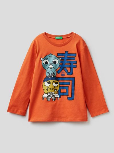 Kids' Benetton Organic Cotton Print Long Sleeve T-shirts Orange | NZ792351
