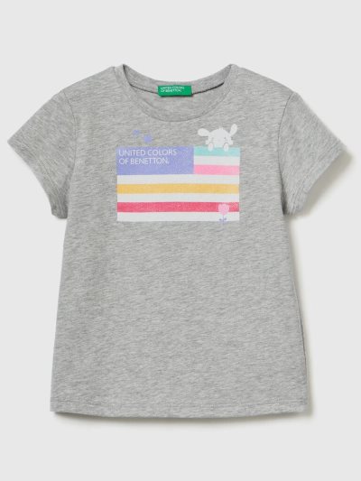 Kids' Benetton Organic Cotton Print Short Sleeve T-shirts Light Grey | NZ546648