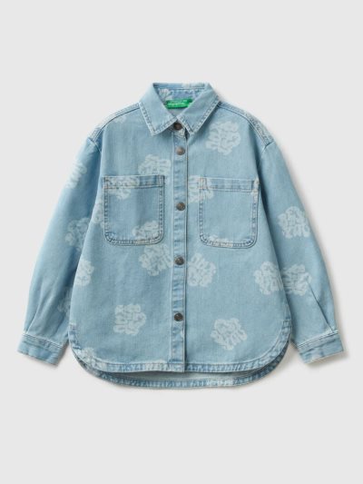 Kids' Benetton Oversized Printed Denim Shirts Light Blue | NZ494300