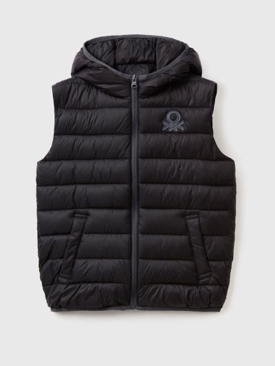 Kids' Benetton Padded Hood Light Jackets Black | NZ145390