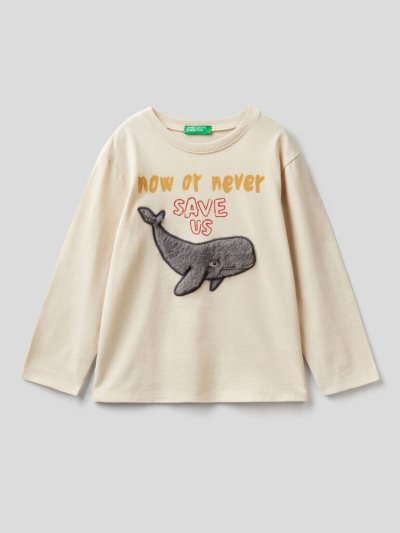 Kids' Benetton Patch Warm Cotton Long Sleeve T-shirts Creamy White | NZ445475