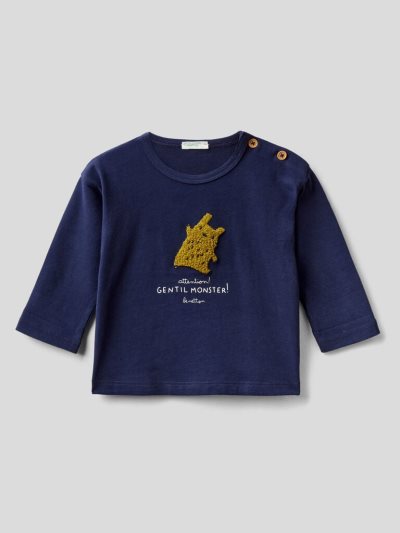 Kids' Benetton Patch Warm Organic Cotton T Shirts Dark Blue | NZ955100
