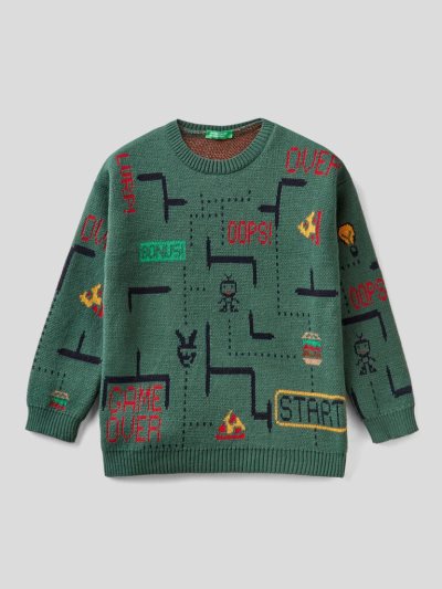 Kids' Benetton Patterned Crew Neck Sweaters Dark Green | NZ119413