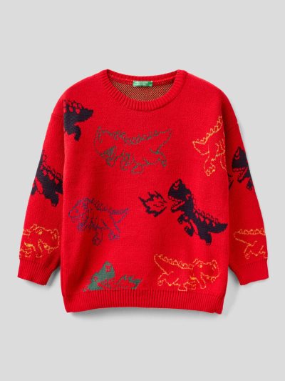 Kids' Benetton Patterned Crew Neck Sweaters Red | NZ515109