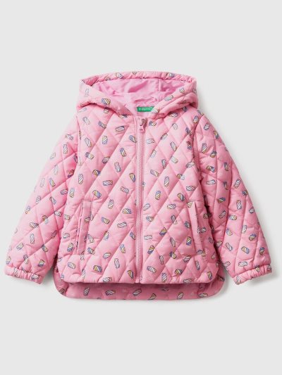 Kids' Benetton Patterned Hood Padded Jackets Pink | NZ565165