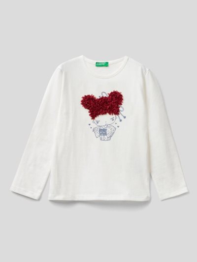 Kids' Benetton Petal Look Applique Long Sleeve T-shirts White | NZ019910