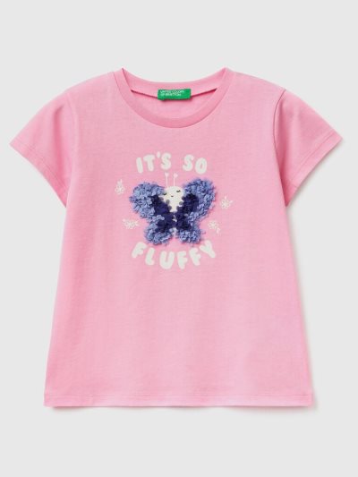 Kids' Benetton Petal Look Applique Short Sleeve T-shirts Pink | NZ247304