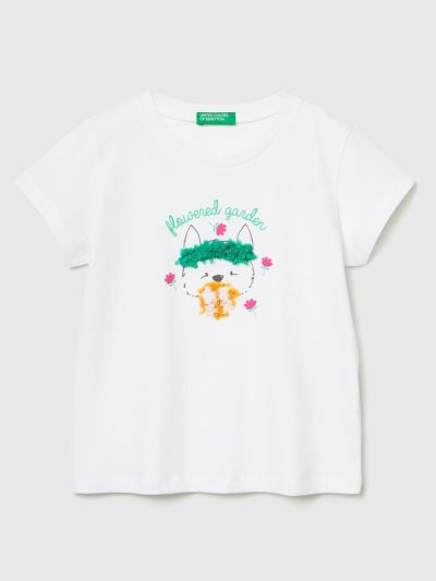 Kids' Benetton Petal Look Applique Short Sleeve T-shirts White | NZ484474