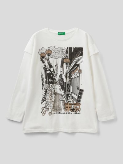 Kids' Benetton Photo Print And Glitter Long Sleeve T-shirts Creamy White | NZ571983