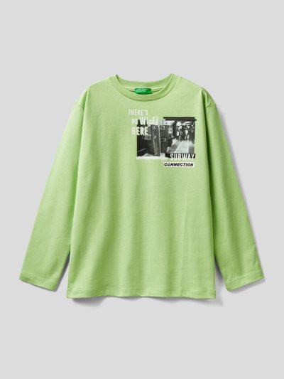 Kids' Benetton Photo Print Long Sleeve T-shirts Lime | NZ371644