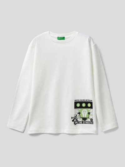 Kids' Benetton Photo Print Long Sleeve T-shirts Creamy White | NZ818792