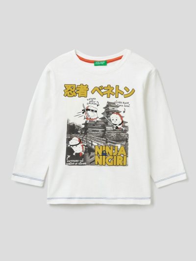 Kids' Benetton Photographic Print Long Sleeve T-shirts Creamy White | NZ598393