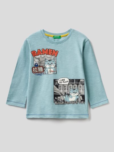Kids' Benetton Photographic Print Long Sleeve T-shirts Light Blue | NZ712682