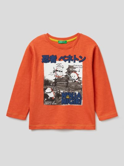 Kids' Benetton Photographic Print Long Sleeve T-shirts Orange | NZ786523