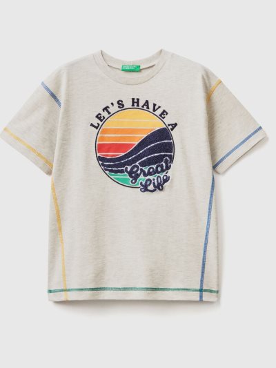 Kids' Benetton Print And Embroidery Short Sleeve T-shirts Light Grey | NZ027049