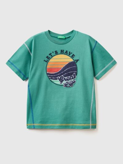 Kids' Benetton Print And Embroidery Short Sleeve T-shirts Dark Green | NZ035499