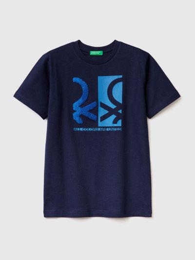 Kids' Benetton Print And Embroidery Short Sleeve T-shirts Dark Blue | NZ295686