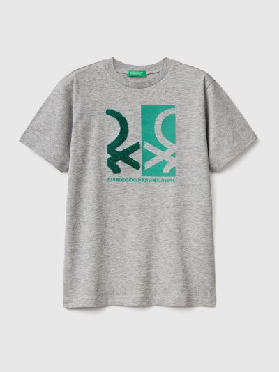 Kids' Benetton Print And Embroidery Short Sleeve T-shirts Light Grey | NZ313900