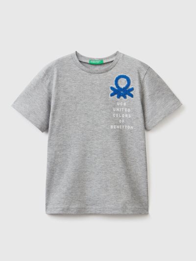 Kids' Benetton Print And Embroidery Short Sleeve T-shirts Light Grey | NZ954640