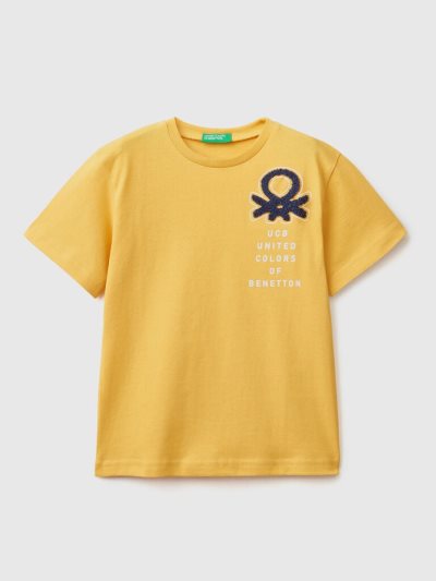 Kids' Benetton Print And Embroidery Short Sleeve T-shirts Yellow | NZ992395