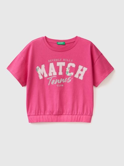 Kids' Benetton Print And Glitter Short Sleeve T-shirts Fuchsia | NZ420851