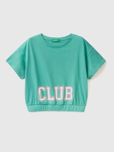 Kids' Benetton Print And Glitter Short Sleeve T-shirts Green | NZ648346