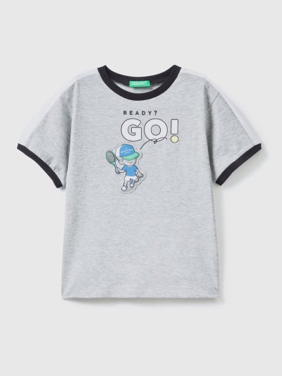 Kids' Benetton Print And Patch Short Sleeve T-shirts Light Grey | NZ485146
