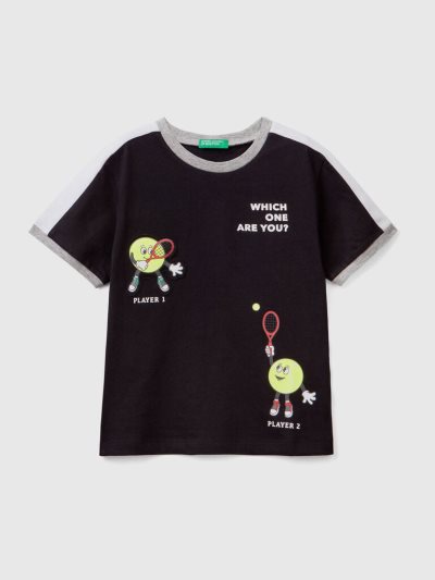 Kids' Benetton Print And Patch Short Sleeve T-shirts Black | NZ544307