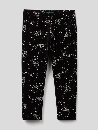 Kids' Benetton Printed Stretch Cotton Leggings Black | NZ957756
