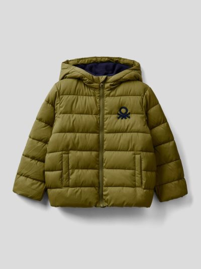 Kids' Benetton Puffer Hood And Logo Padded Jackets Military Green | NZ169434