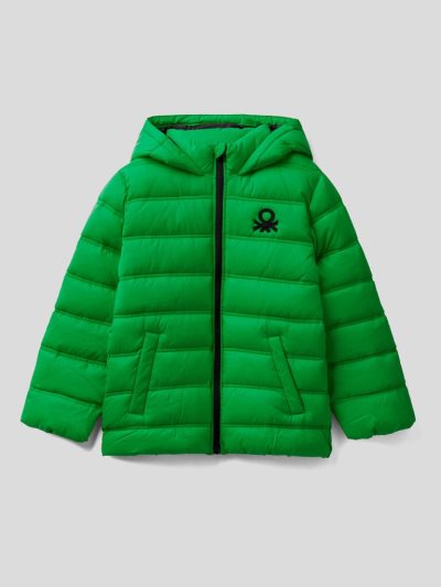 Kids' Benetton Puffer Hood And Logo Padded Jackets Green | NZ224239