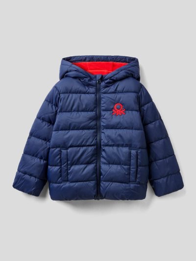 Kids' Benetton Puffer Hood And Logo Padded Jackets Dark Blue | NZ302639